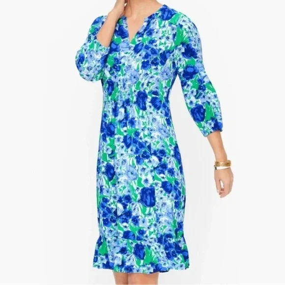 Talbots Botanical Garden Blue Green Long Sleeve Dress Floral 14 - Picture 1 of 8